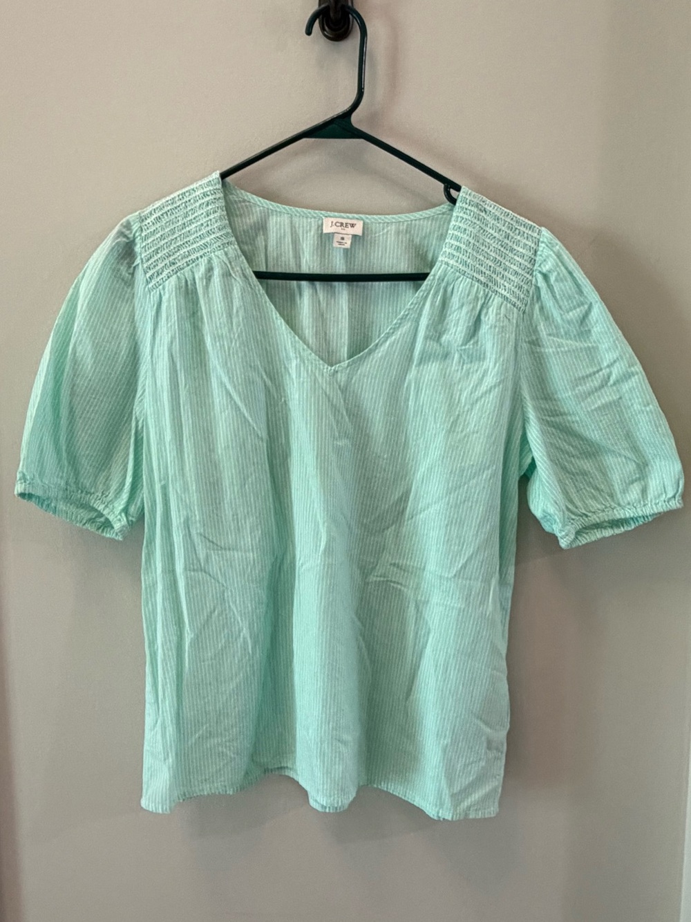 J. Crew Women's Mint Green pin striped V-neck puff-sleeve top size small